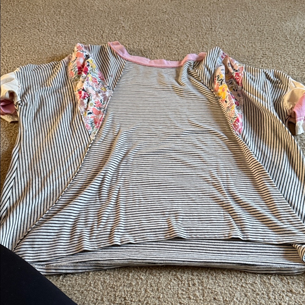 Easel Pink and Black Striped Floral Women's Tee